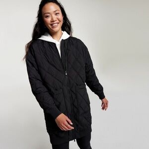 Calia Long Quilted Bomber Jacket Black Zip Front Women’s Small